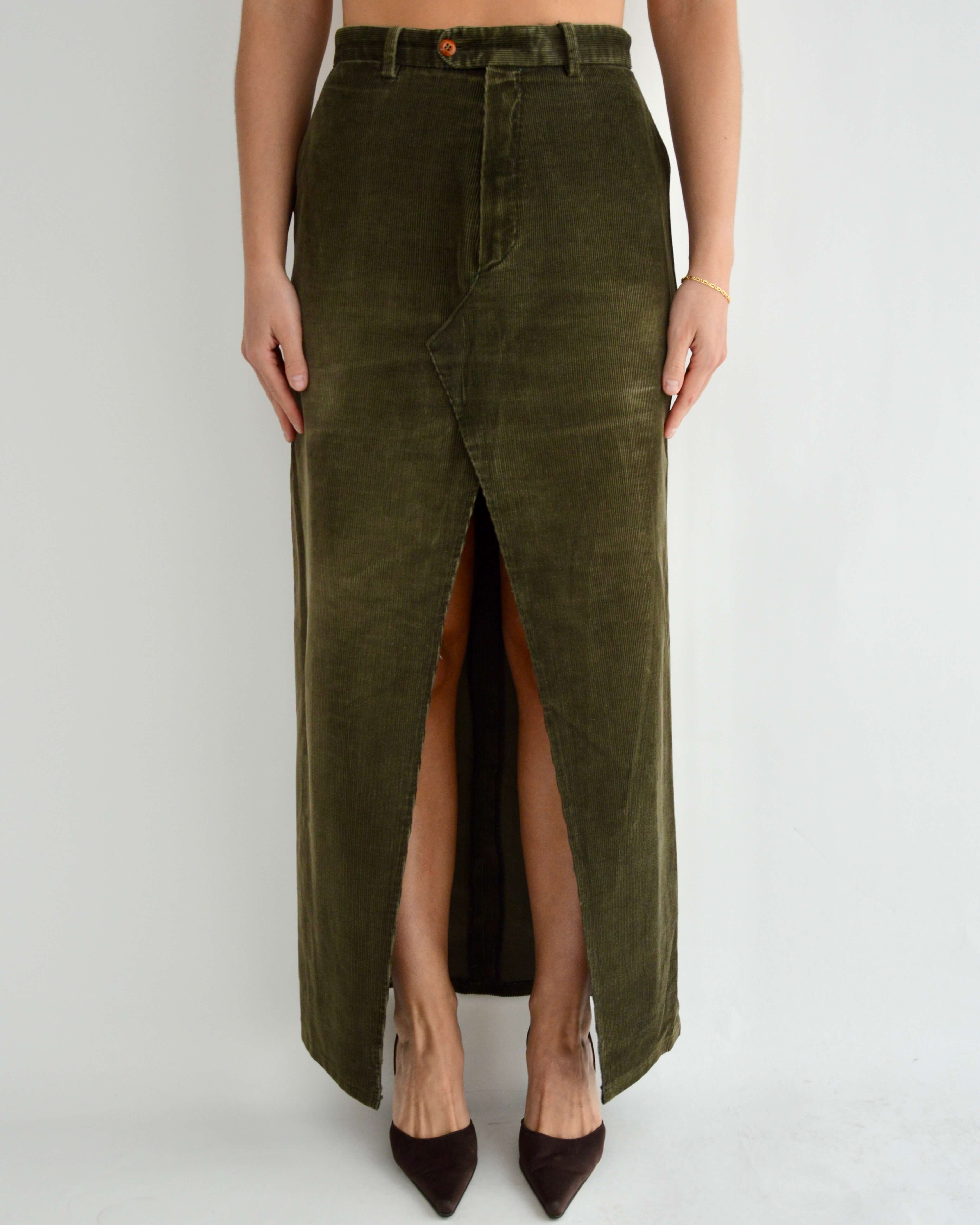 Falda larga vegana - Pana verde vintage desteñida (M)