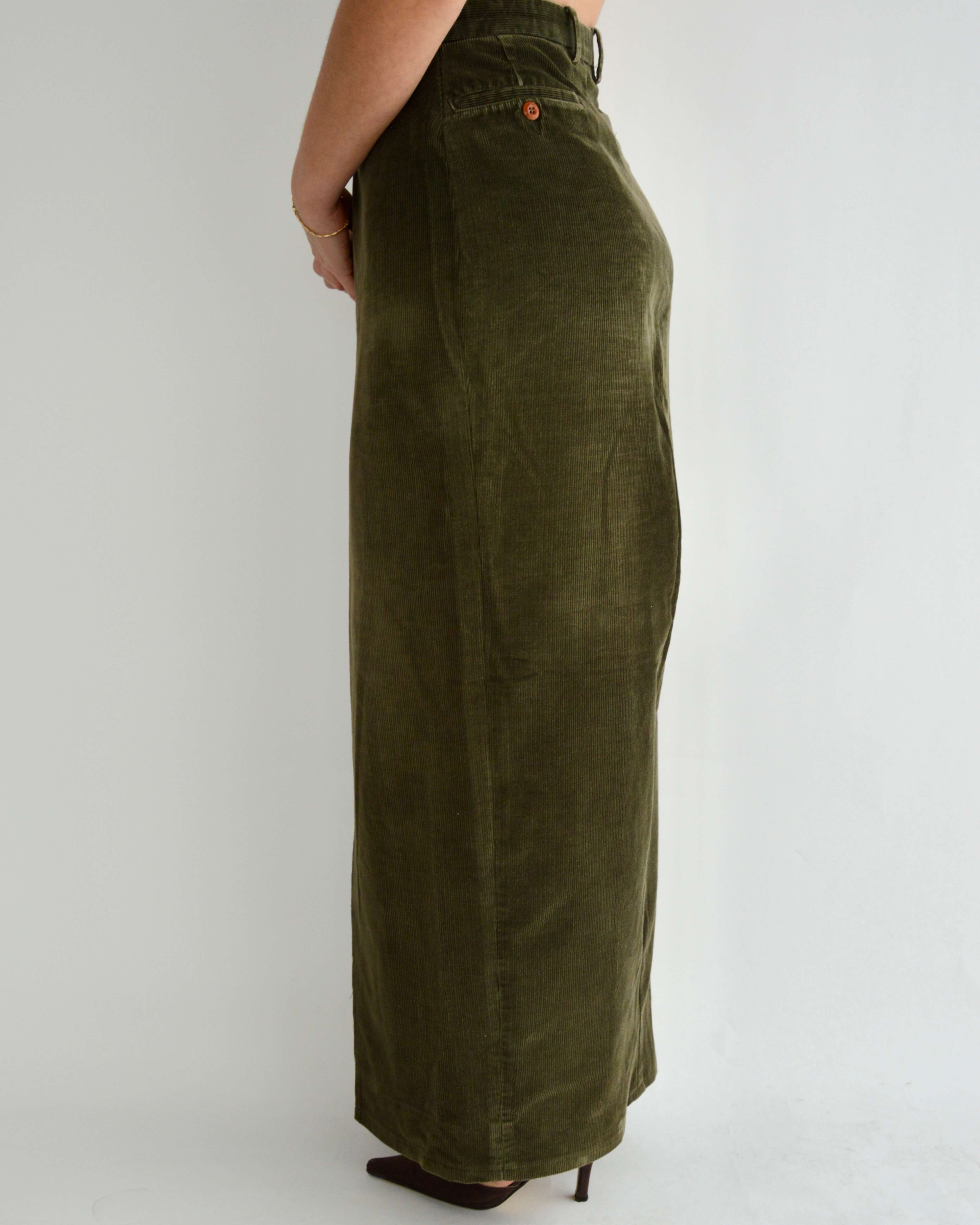 Falda larga vegana - Pana verde vintage desteñida (M)