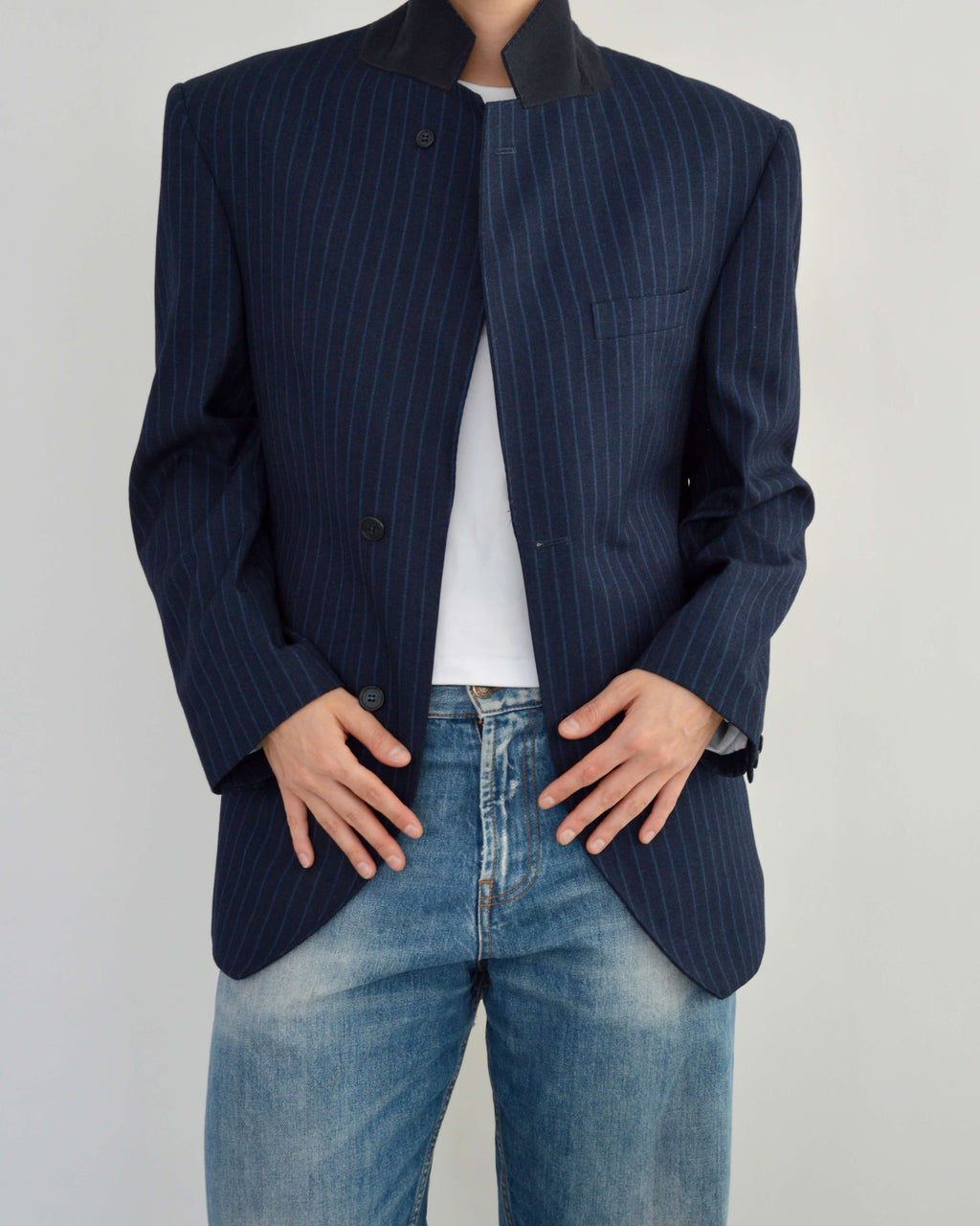 High Neck Blazer - Navy Stripped (M)