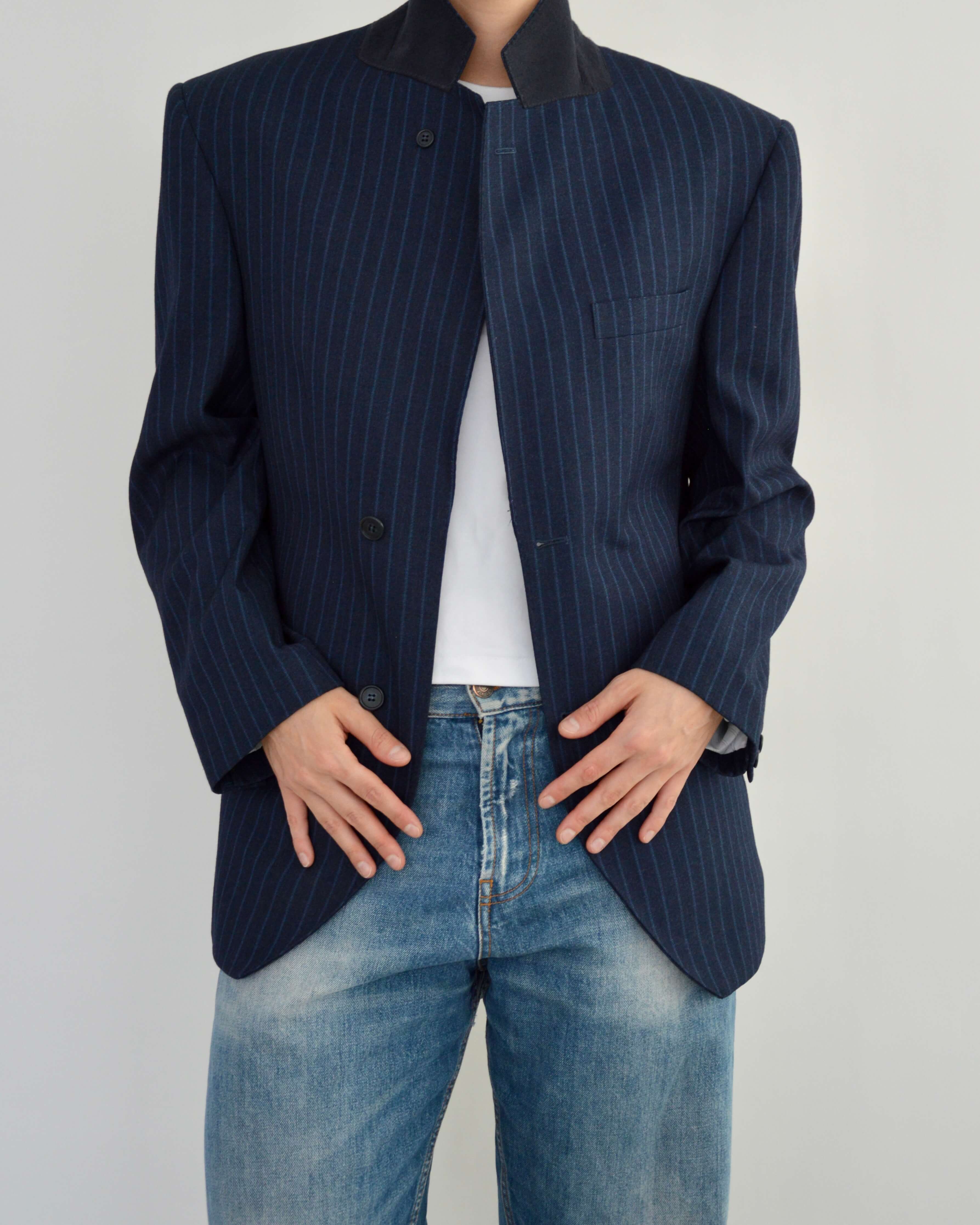 High Neck Blazer - Navy Stripped (M)