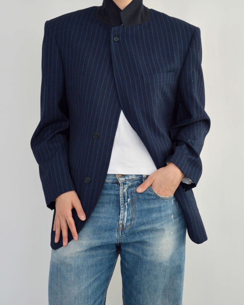 High Neck Blazer - Navy Stripped (M)
