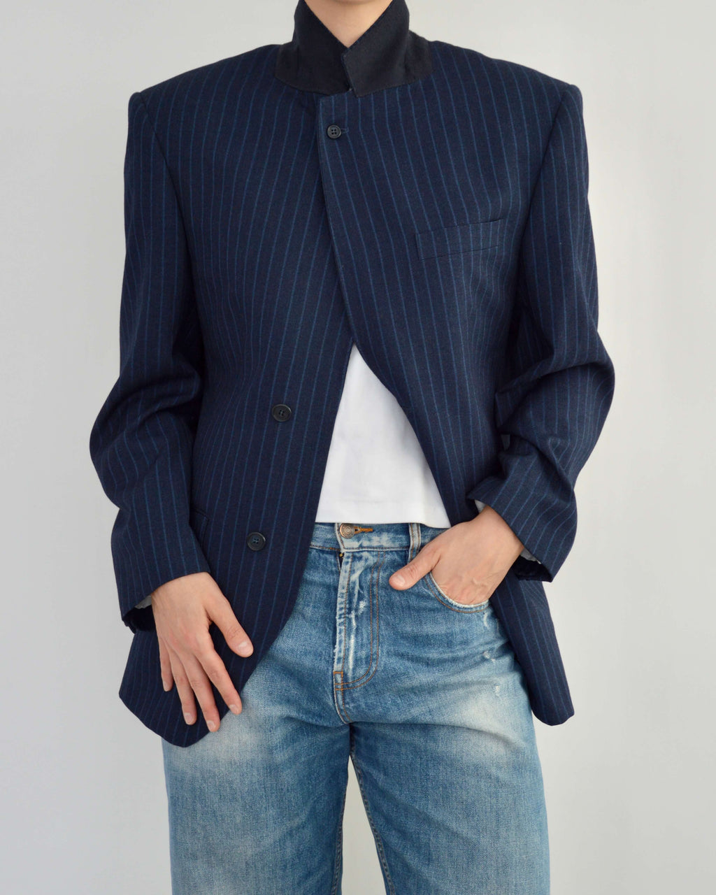 High Neck Blazer - Navy Stripped (M)