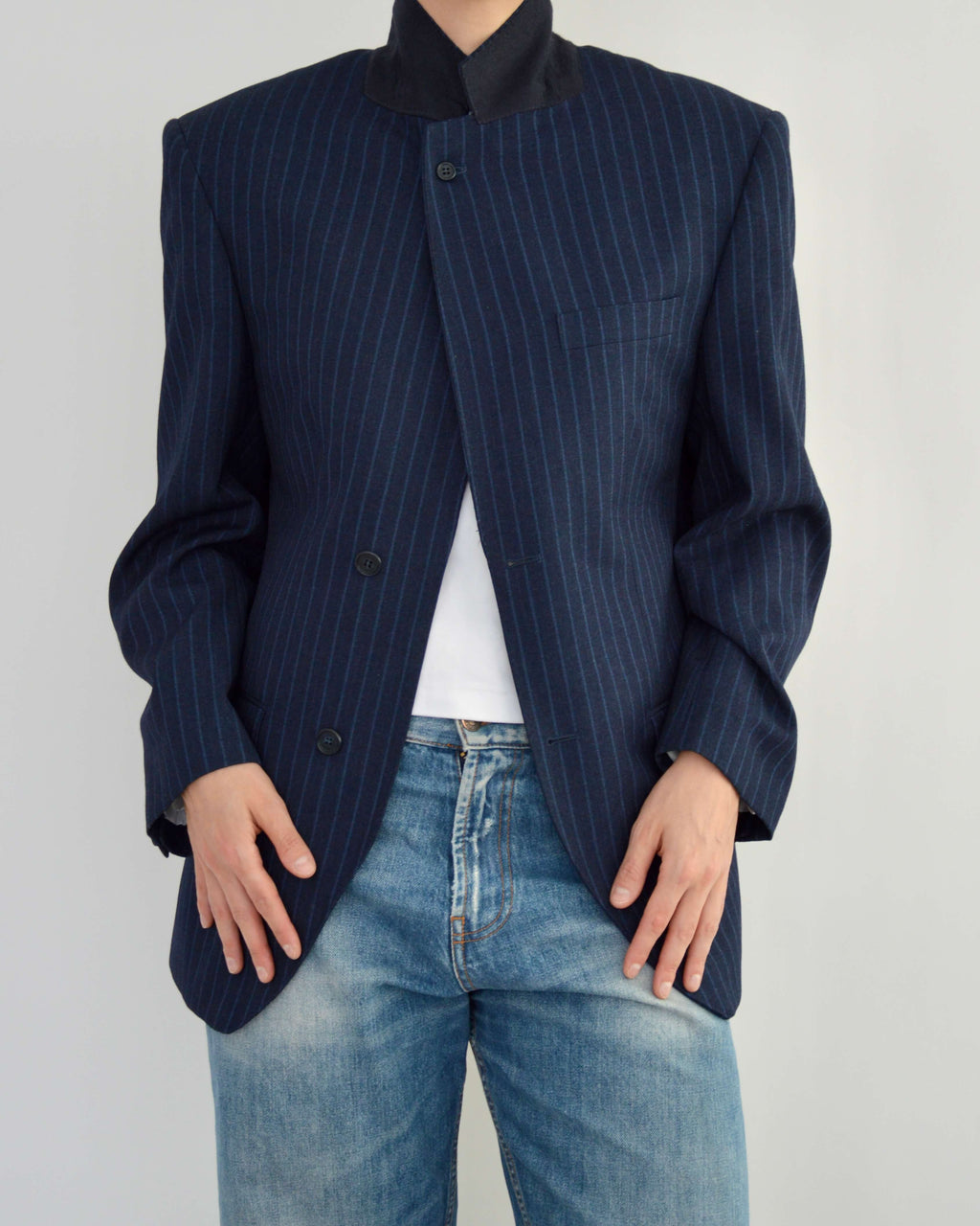 High Neck Blazer - Navy Stripped (M)