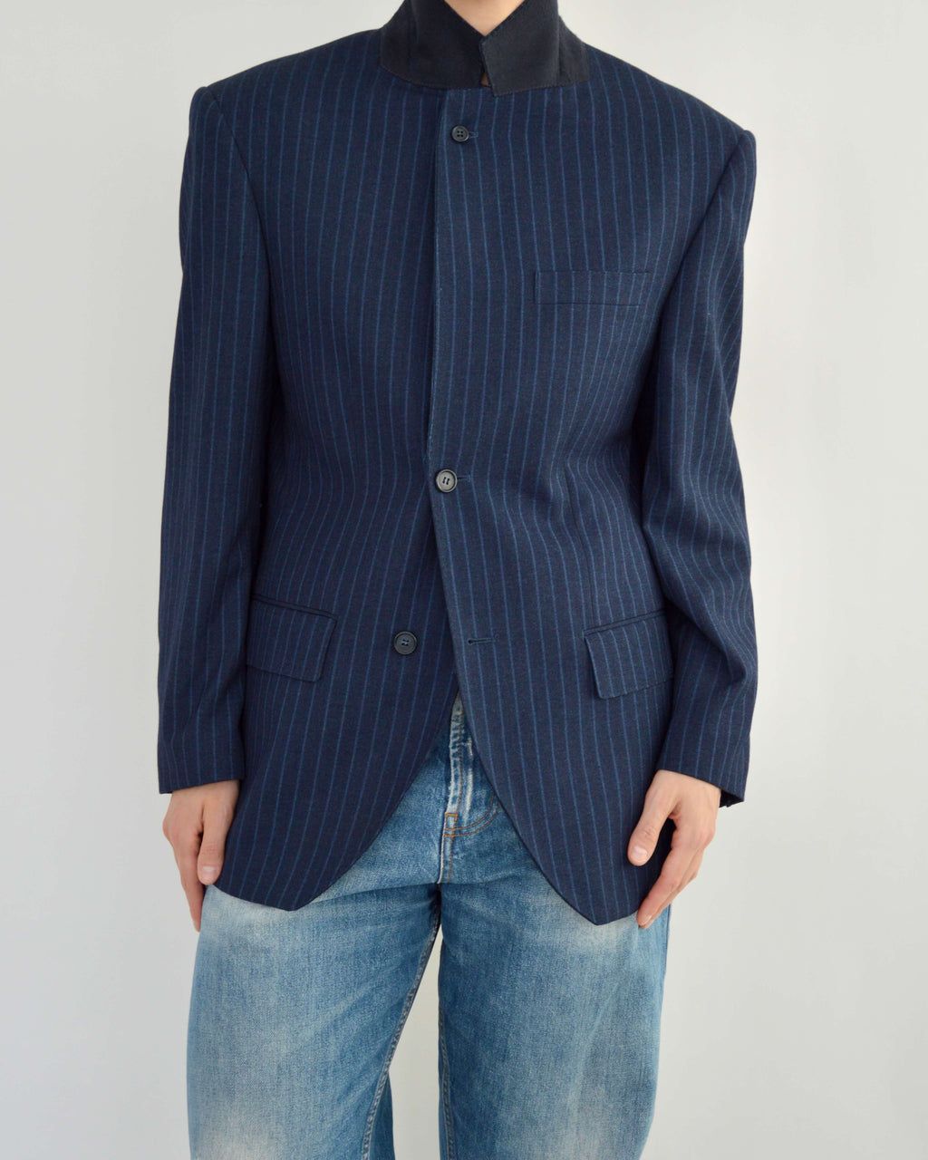 High Neck Blazer - Navy Stripped (M)