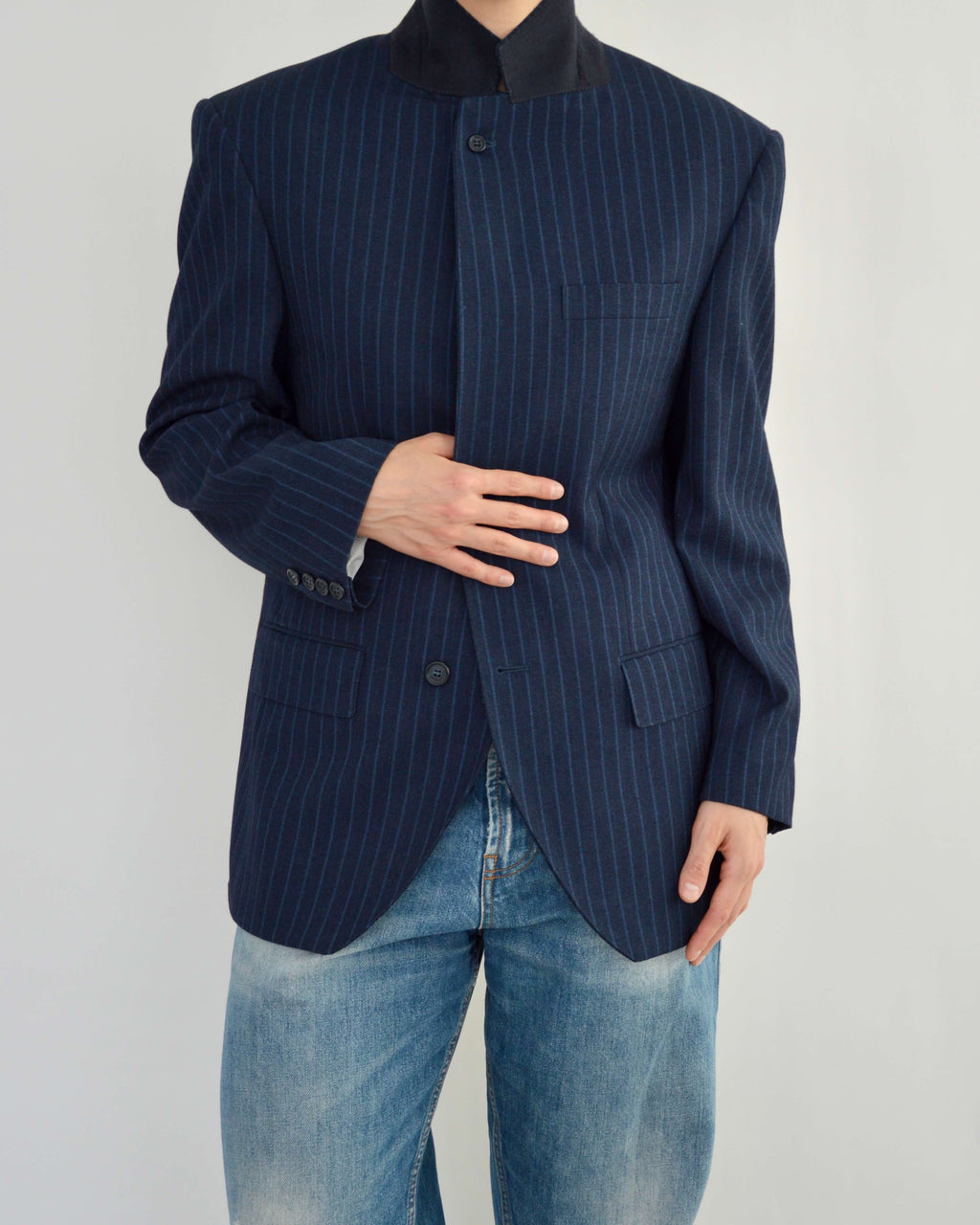 High Neck Blazer - Navy Stripped (M)
