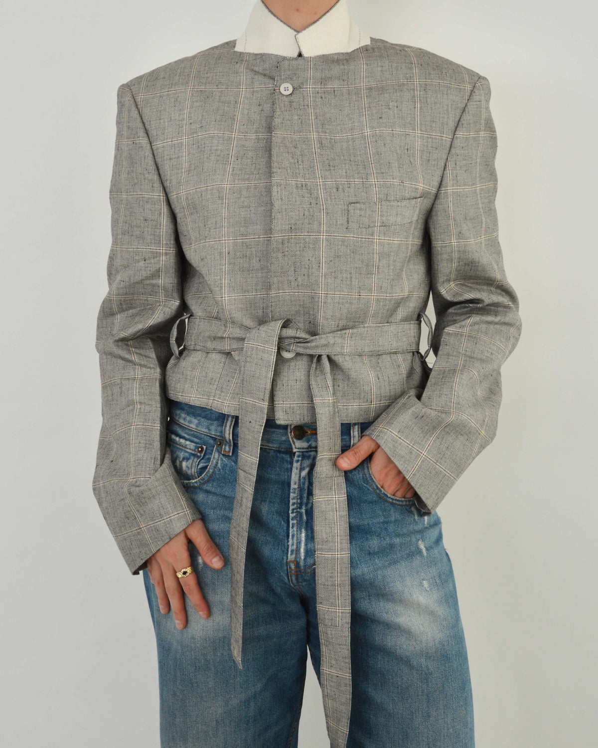 Tied-up Blazer - Light Grey Stripped (L)