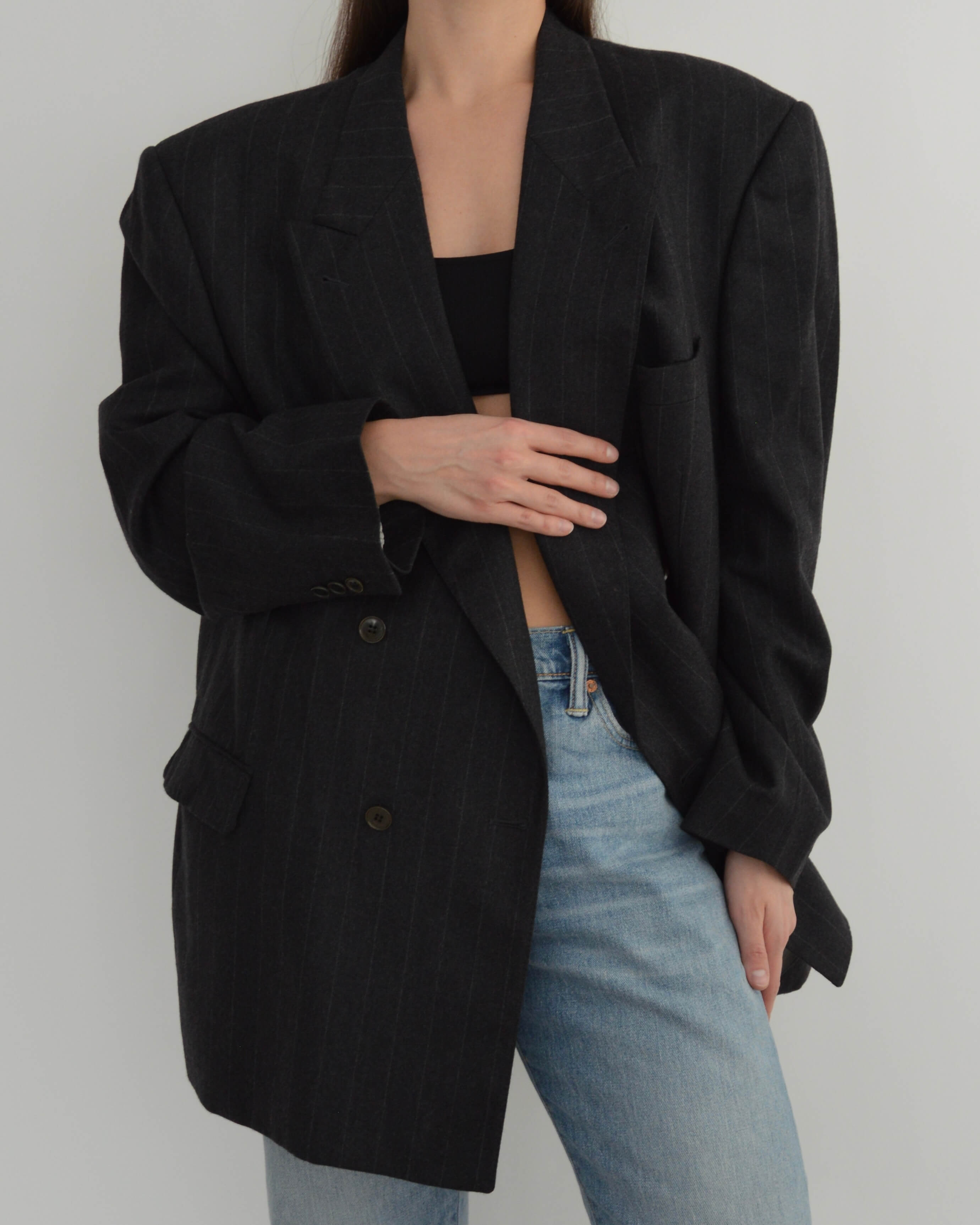 Blazer croisé gris à rayures violettes (L/2XL)