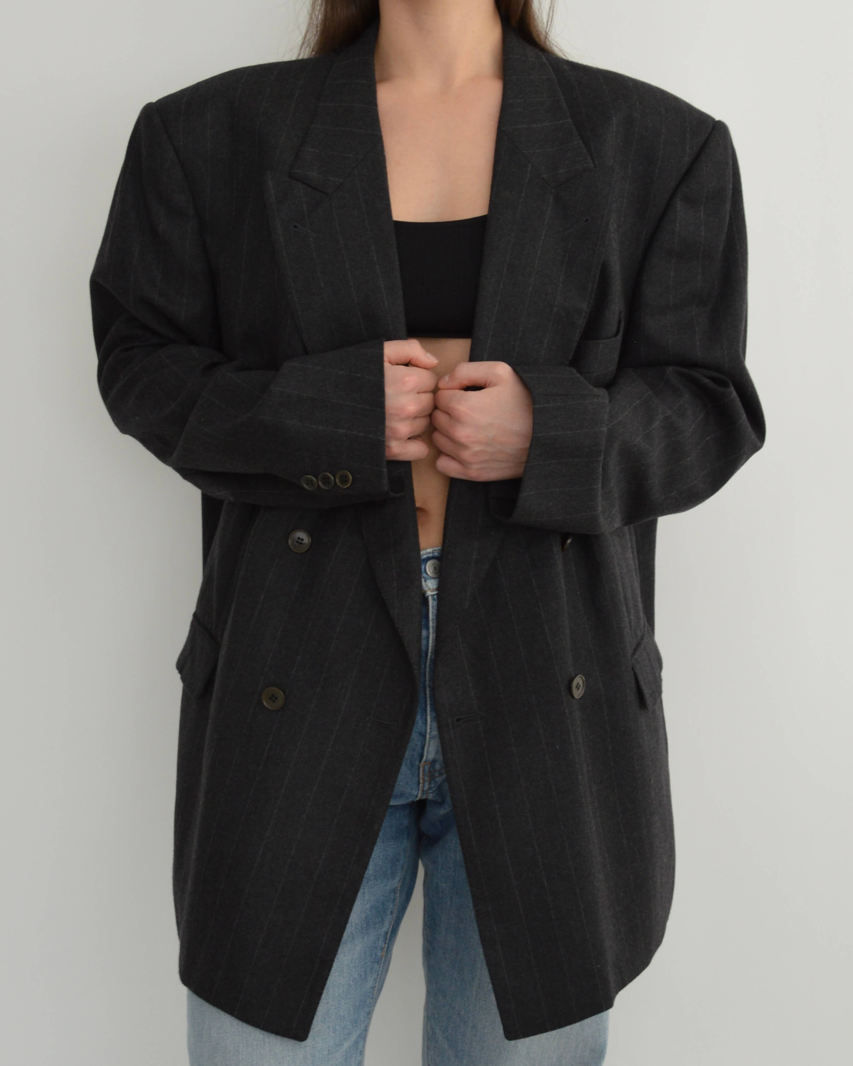 Blazer croisé gris à rayures violettes (L/2XL)