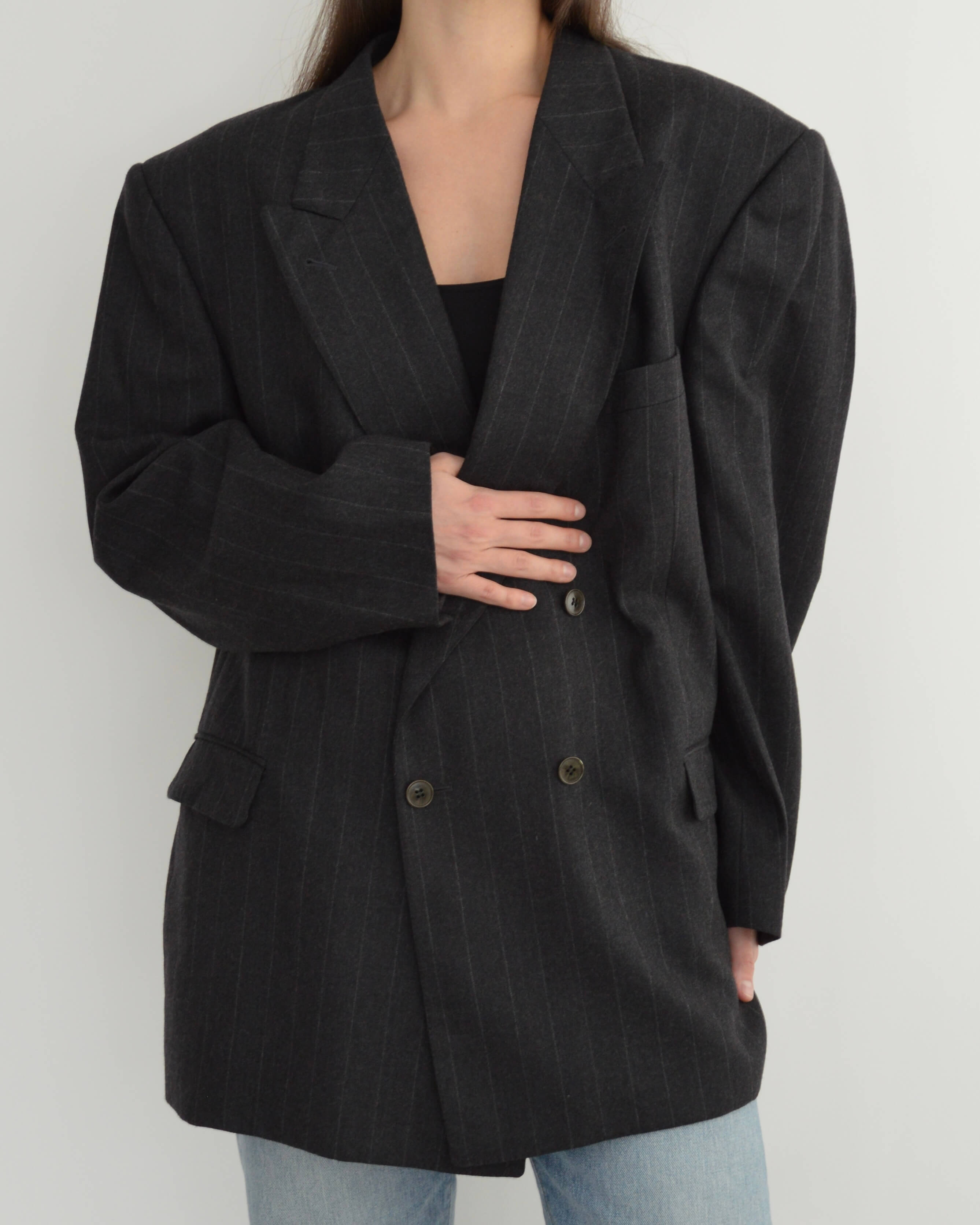 Blazer croisé gris à rayures violettes (L/2XL)