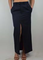 Traje de falda cruzado azul marino (talla S/M)