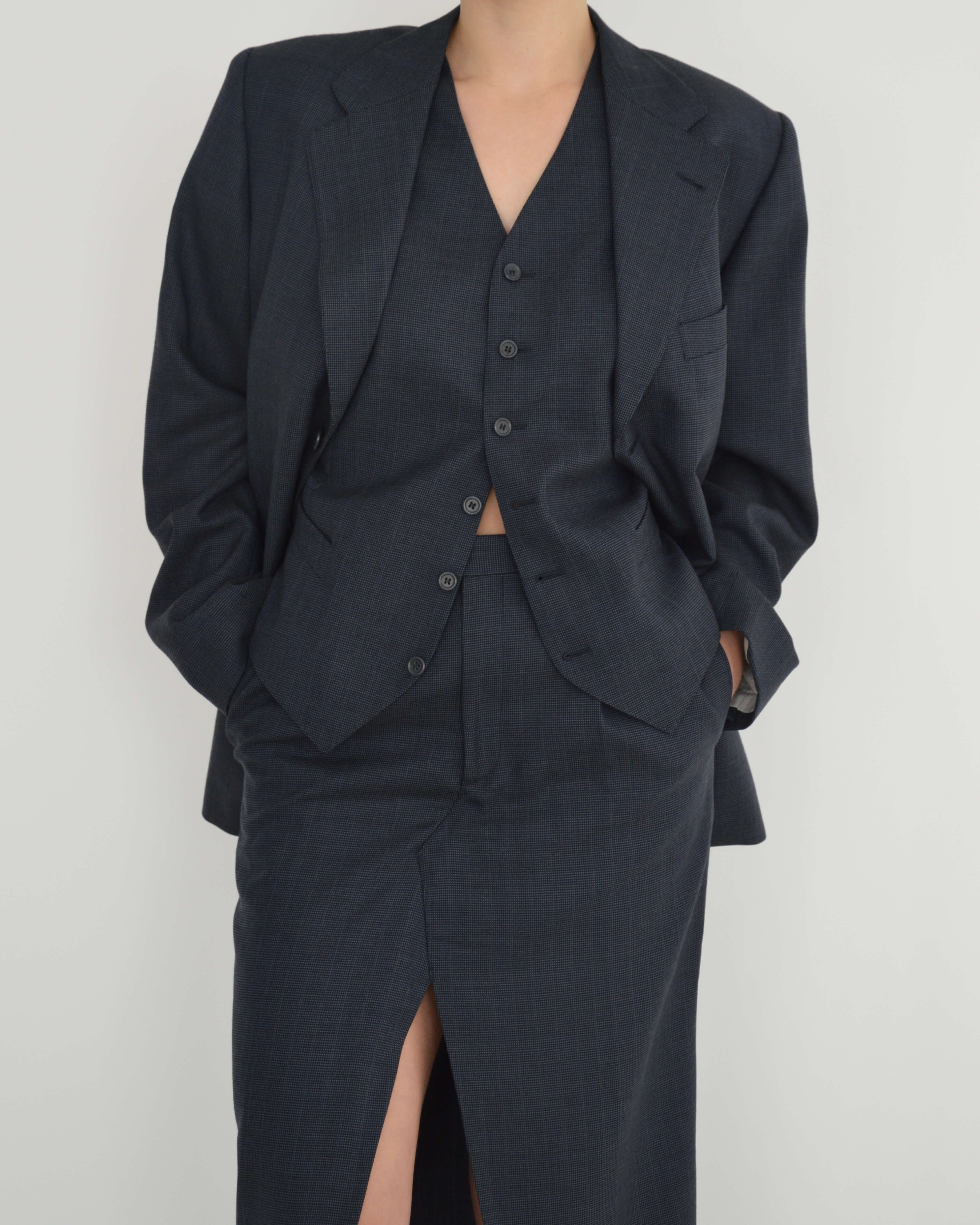 Three Pieces Skirt Suit - Navy Texture (S/M)
