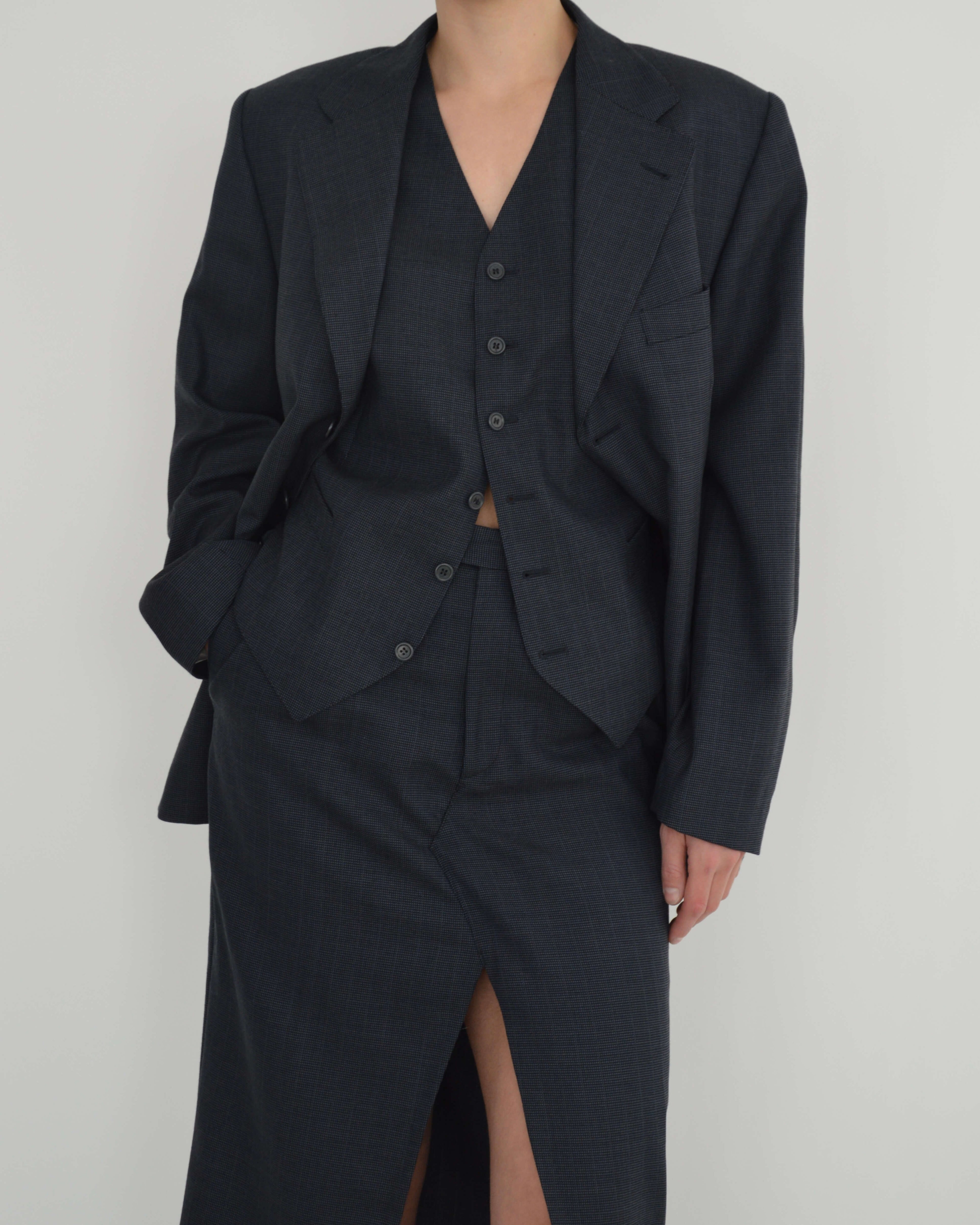 Three Pieces Skirt Suit - Navy Texture (S/M)