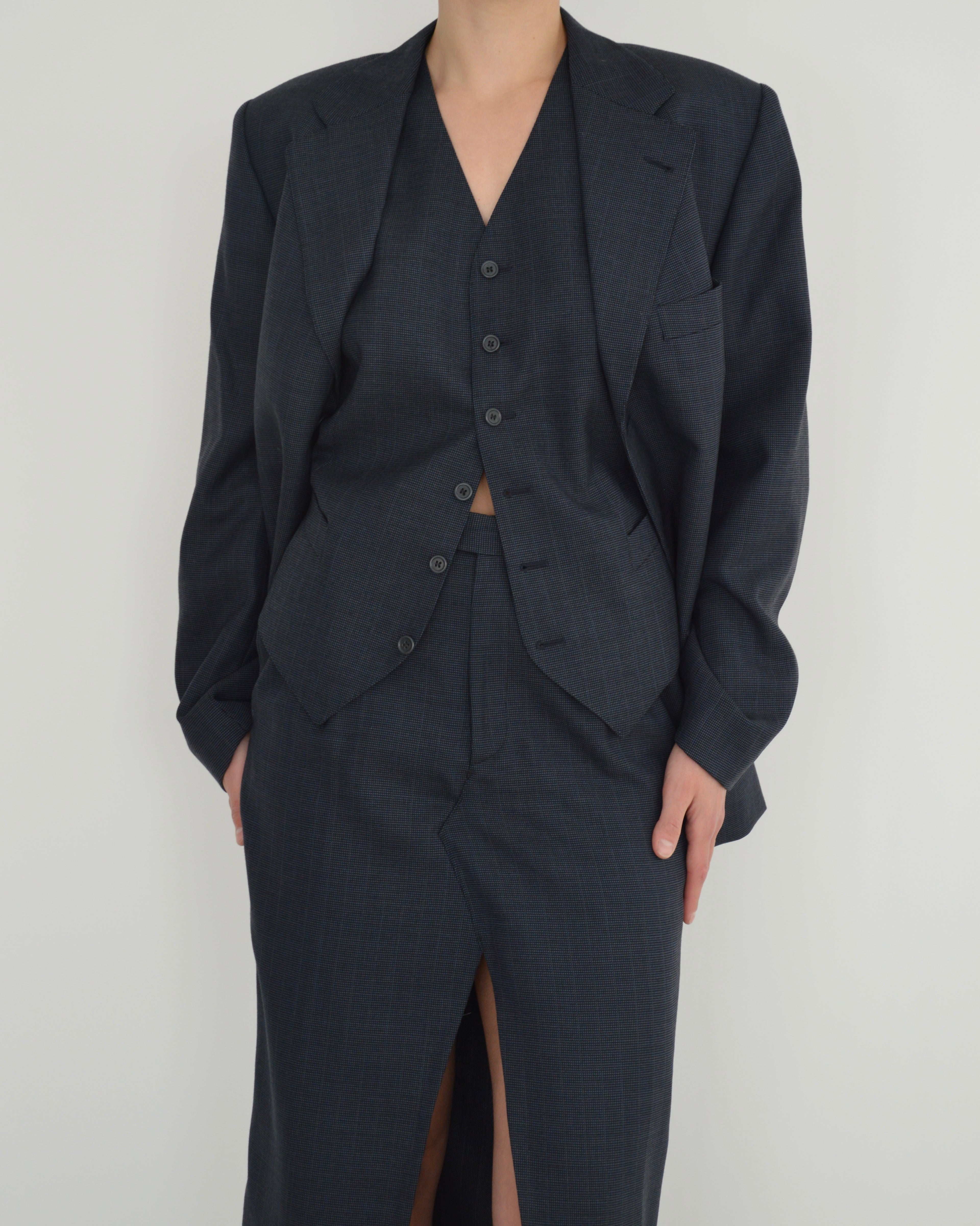 Three Pieces Skirt Suit - Navy Texture (S/M)